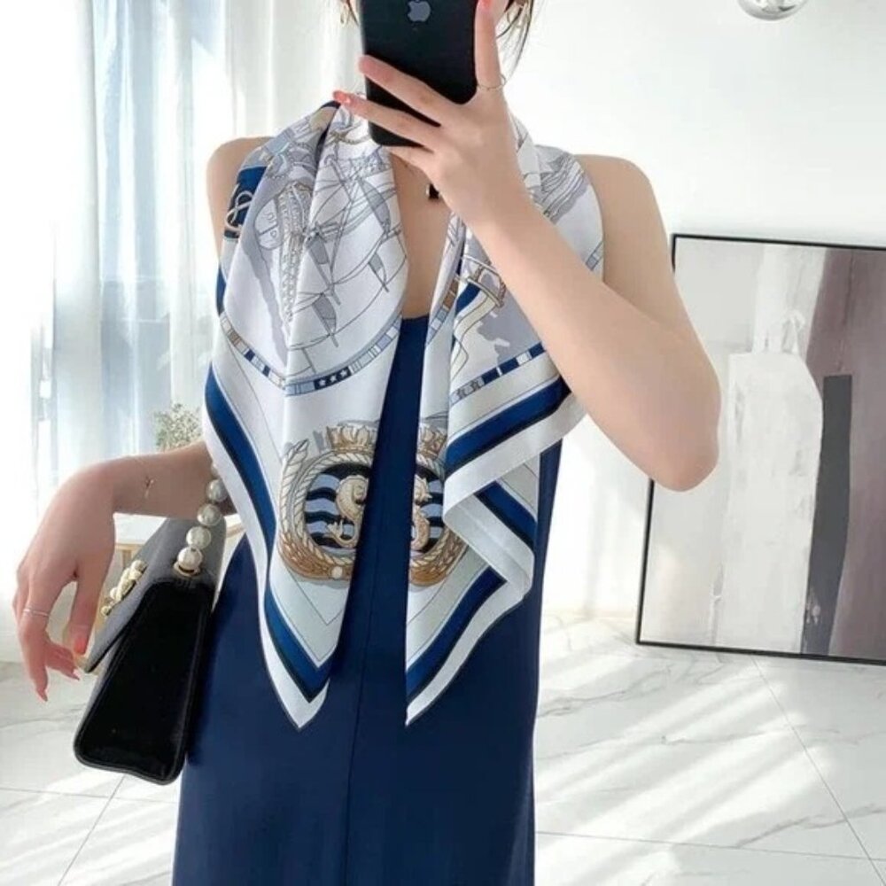 2/$30 NEW White Navy Blue Nautical Antique Gold Baroque Printed Silky Fashion